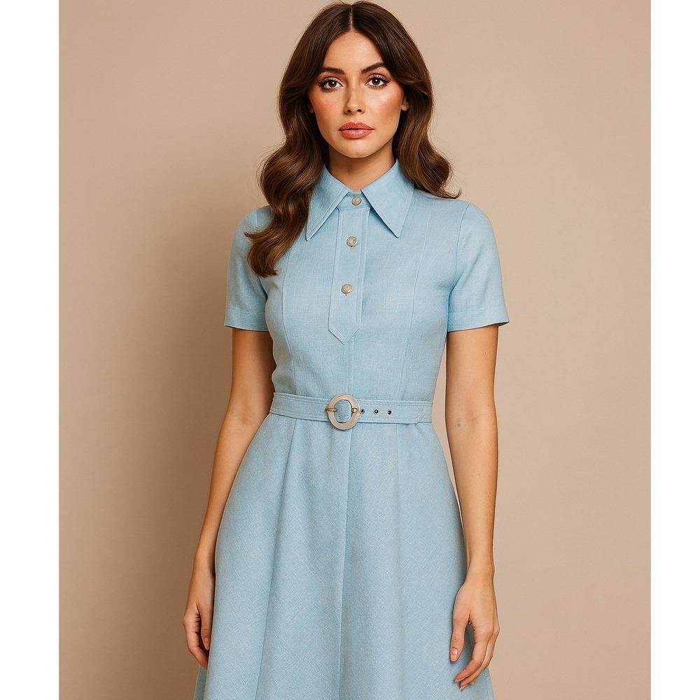 Vintage 70s Powder Blue Textured Shirt Dress Belted Dagger Collar Mod Retro S M